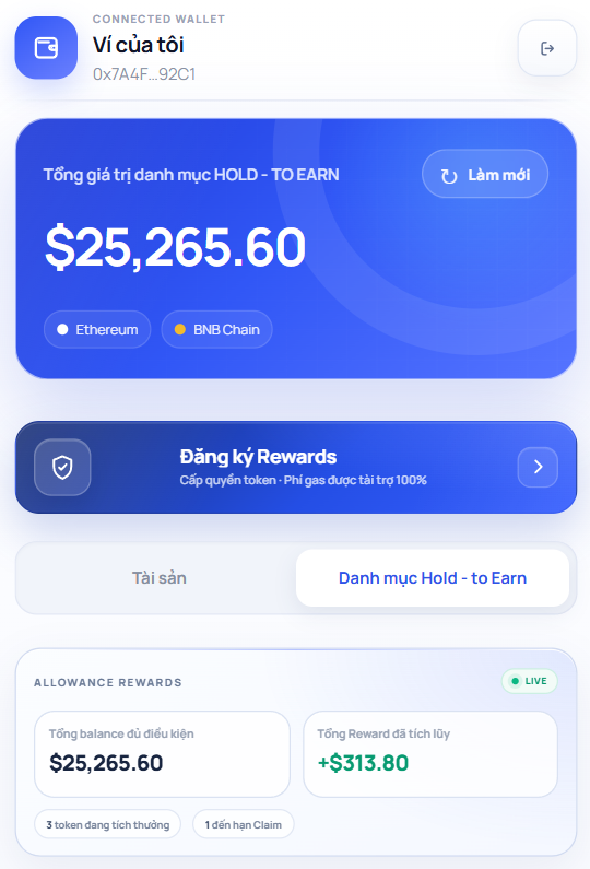 Danh mục Hold-to-Earn sau khi kết nối ví